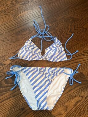 Victoria's Secret Blue & White Striped Ruffle Triangle Bikini